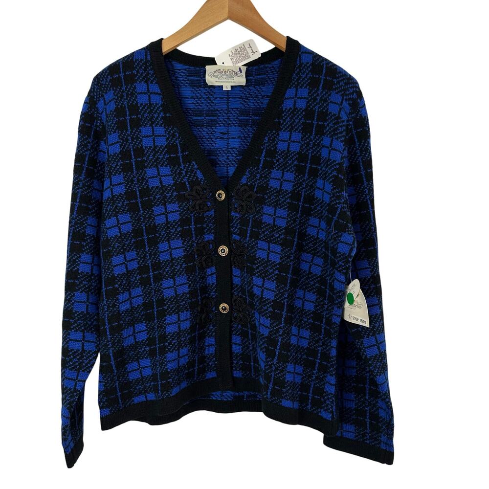 Vintage Susan Bristol Cardigan Womens Large Blue Black Knit Buttons Wool Blend